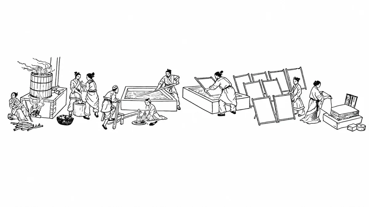 这张图片以线描形式展现了传统造纸的完整工艺流程，包含多位身着古代服饰的工匠。从画面左侧可见烧煮纸料的场景，大桶旁有工匠添火、辅助操作；中部是舂捣、打浆工序，工匠们或劳作或配合；右侧为抄纸、揭纸及整理成纸的环节，工匠们在抄纸槽、纸框旁有序作业，还有堆叠好的成品纸张。该图片对应了文章中提到的造纸流程，直观呈现了传统造纸各环节的具体操作场景。